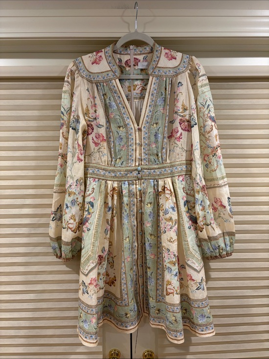 Zimmermann Dresses & Skirts - NWOT Zimmermann Floral Embroidered Cream & Sage Linen Mini Dress, Size AU 0 = XS